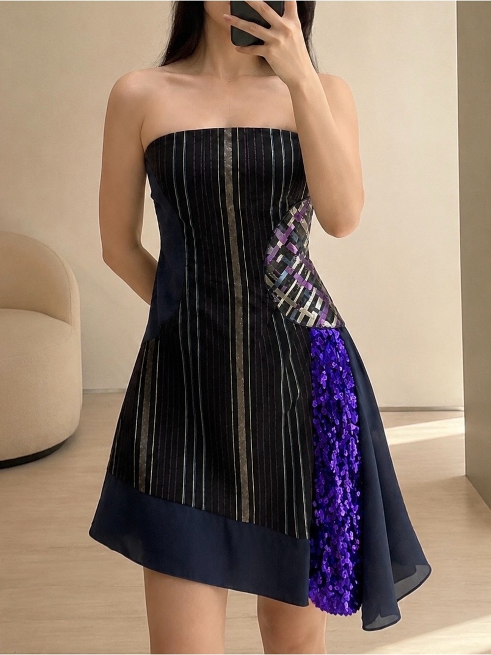 Pinko Italy Strapless Sequin Metallic Jacquard Asymmetric Dress US 4